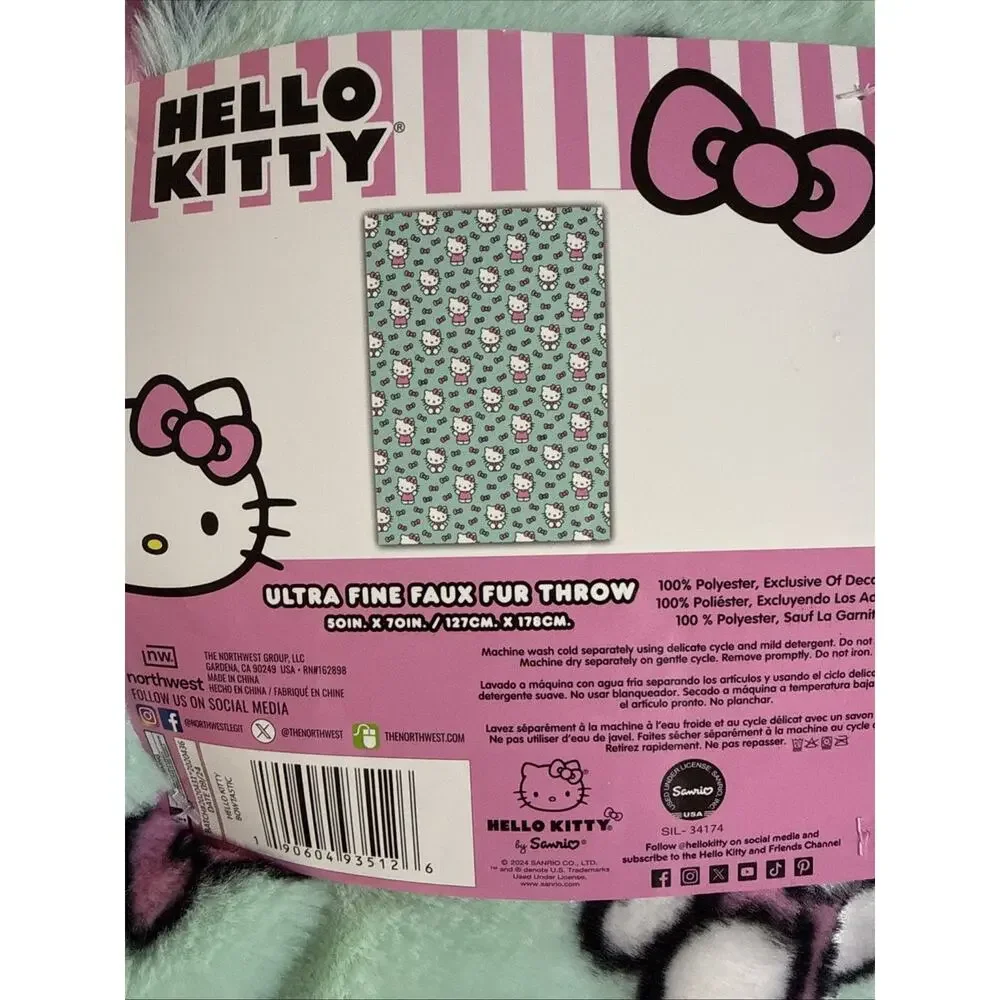 Hello Kitty Throw Blanket Ultra Fine Faux Green Fur Bowtastic Pink 2024 Sanrio